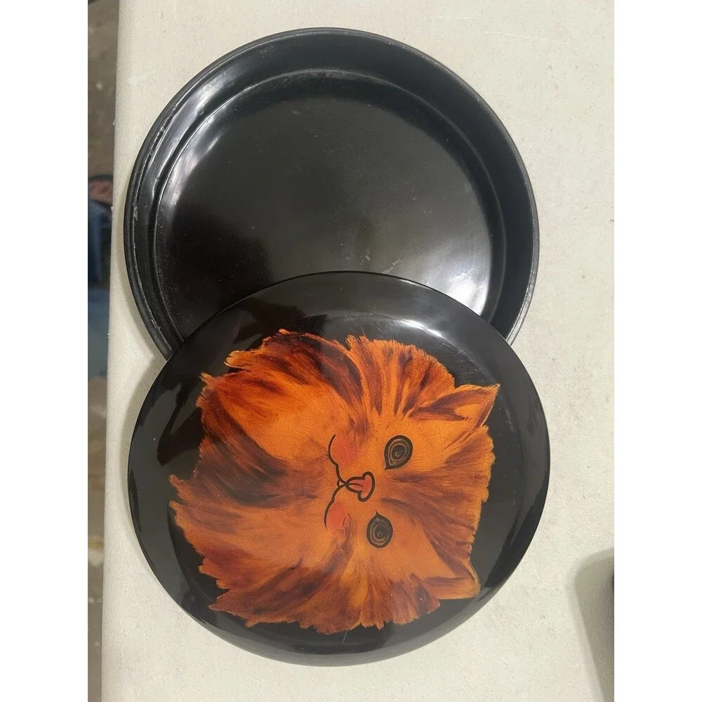 Vintage Wood Black Lacquer Set of 3 Large Cat Trinket Boxes Handpainted
